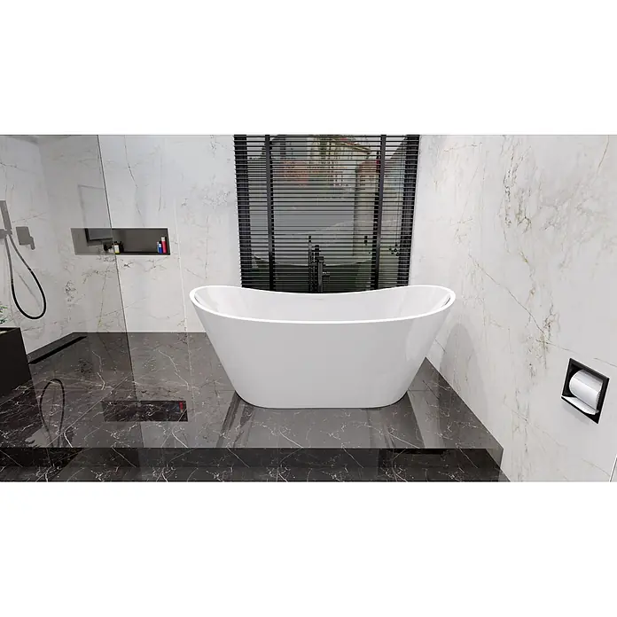Bad Land Freistehende Badewanne ROSSA freist. Badewanne 170x80 cm Weiß, Ablauf + Bambusablage + Kopfst. - L x B: 170 x 80 cm, Acryl, weiß - Weiße freistehende Badewanne in einem modernen Badezimmer mit Marmorwänden und dunklem Marmorboden, die ihr elegantes Design zeigt.