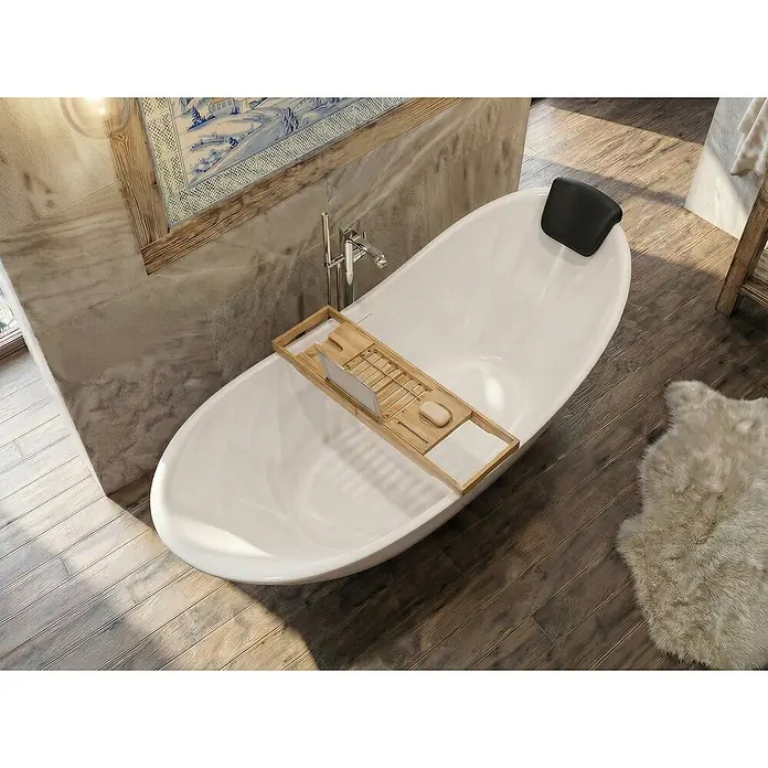 Bad Land Freistehende Badewanne IVAR freist. Badewanne 180x80 cm Weiß, Ablauf + Bambusablage + Kopfst. - Acryl, weiß - Weiße freistehende Badewanne mit Badewannenbrett aus Naturholz und schwarzer Kopfstütze, in rustikalem Badezimmerambiente.