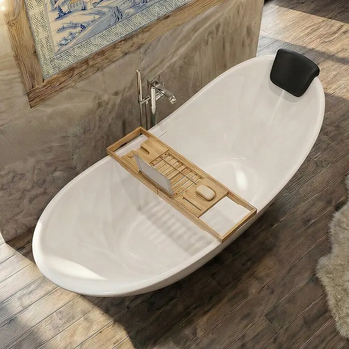Bad Land Freistehende Badewanne IVAR freist. Badewanne 180x80 cm Weiß, Ablauf + Bambusablage + Kopfst. - Acryl, weiß - Weiße freistehende Badewanne mit Holzbadebrücke, Buchständer, Seife und schwarzer Kopfstütze.