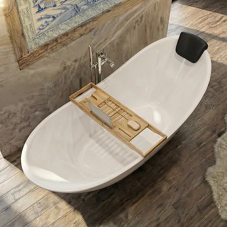 Bad Land  Freistehende Badewanne IVAR freist. Badewanne 180x80 cm Weiß, Ablauf + Bambusablage + Kopfst.