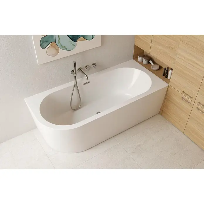 Bad Land Freistehende Badewanne ALVA freist. Badewanne 170x80 cm rechts Weiß, Ablauf - L x B: 170 x 80 cm, Acryl, weiß - Weiße Rücken-zur-Wand-Badewanne mit Wandarmatur und Handbrause.