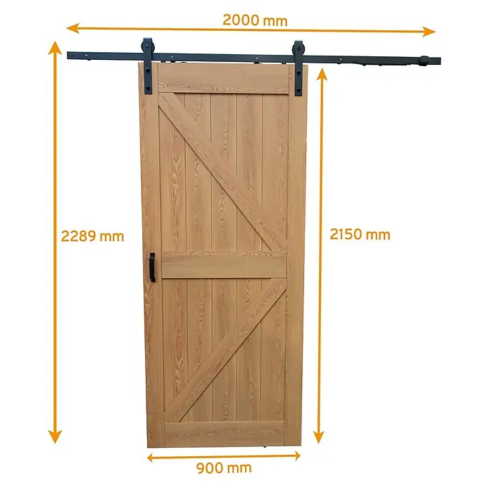 Inova Schiebetür-Komplettset Holzschiebetür Eiche 900 x 2150 Scheunentor mit Softclose - 900 x 2.150 mm - Schiebetür aus Naturholz mit schwarzem Metall-Schienensystem.