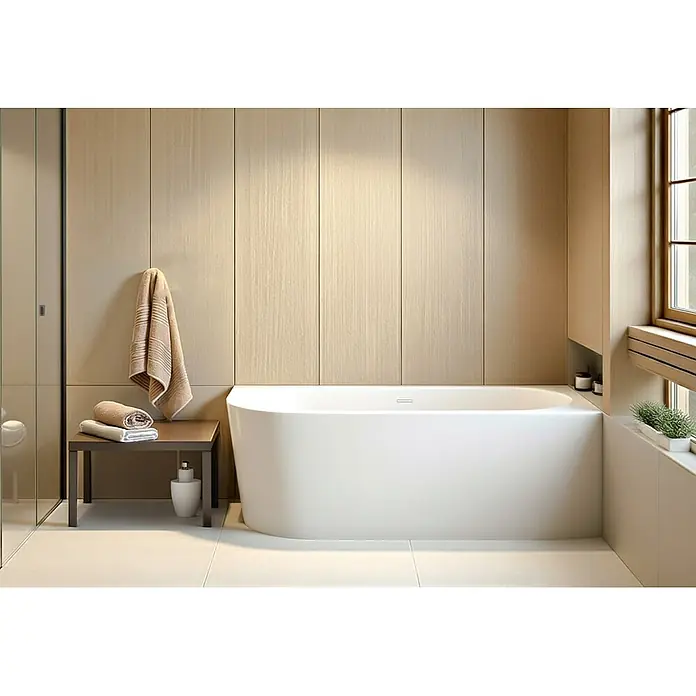Bad Land Freistehende Badewanne ALVA freist. Badewanne 170x80 cm rechts Weiß, Ablauf - L x B: 170 x 80 cm, Acryl, weiß - Weiße moderne Badewanne in einem ruhigen Badezimmer mit Holzverkleidung und natürlichem Licht.