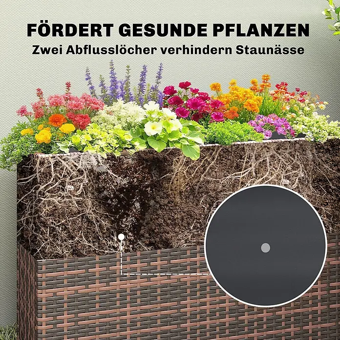 Outsunny Pflanzkasten - 1 Stk., Stahl, Braun - Brauner Flecht-Pflanzkübel mit bunten Blumen, zeigt Wurzeln und Abflusslöcher für gesunde Pflanzen.