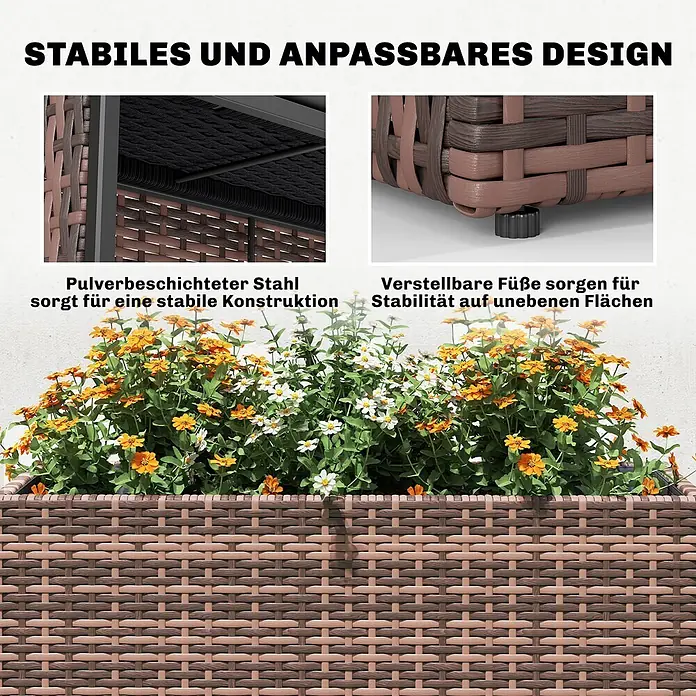Outsunny Pflanzkasten - 1 Stk., Stahl, Braun - Brauner Rattan-Pflanzkasten mit pulverbeschichtetem Stahlrahmen und verstellbaren Füßen.