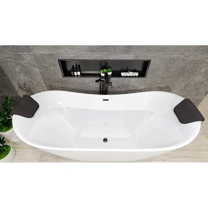 Bad Land Freistehende Badewanne IVAR freist. Badewanne 180x80 cm Weiß, Ablauf + Bambusablage - Acryl, weiß - Weiße freistehende Badewanne mit schwarzen Kopfstützen, passender Wandarmatur und Nischenregal.