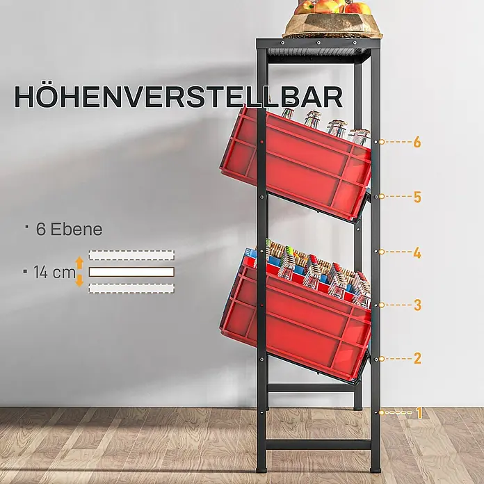 Homcom Getränkekistenregal - H x B x T: 113,5 x 33 x 33 cm, Traglast pro Boden: 100 kg, Anzahl Böden: 2 Stk., Schrauben, Schwarz - Höhenverstellbares schwarzes Metallregal mit zwei geneigten roten Kisten für Flaschen, zeigt 6 Ebenen und 14 cm Abstand.