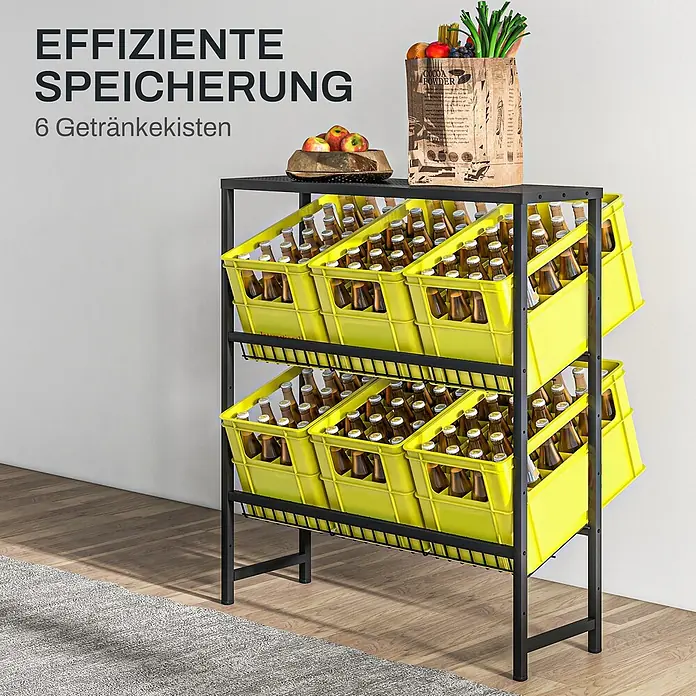 Homcom Getränkekistenregal - H x B x T: 113,5 x 33 x 33 cm, Traglast pro Boden: 100 kg, Anzahl Böden: 2 Stk., Schrauben, Schwarz - Schwarzes Metallregal für 6 gelbe Getränkekisten mit Flaschen, bietet effiziente zweistufige Lagerung.