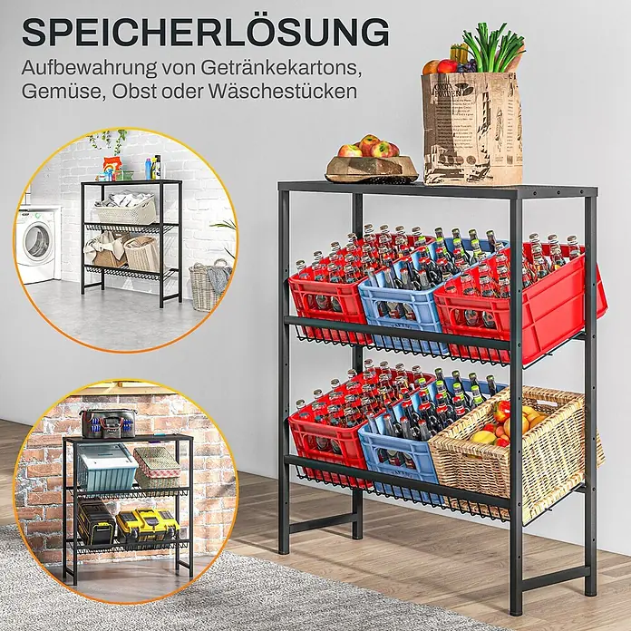 Homcom Getränkekistenregal - H x B x T: 113,5 x 33 x 33 cm, Traglast pro Boden: 100 kg, Anzahl Böden: 2 Stk., Schrauben, Schwarz - Schwarzes Metallregal mit mehreren Ebenen zur Aufbewahrung von Getränkekisten, Wäsche, Obst oder Werkzeugen.