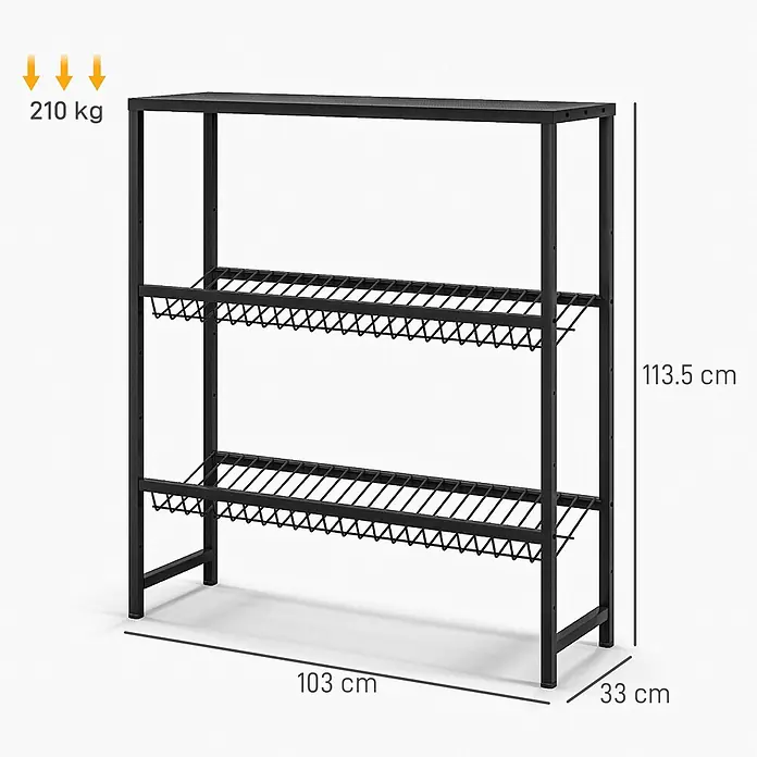 Homcom Getränkekistenregal - H x B x T: 113,5 x 33 x 33 cm, Traglast pro Boden: 100 kg, Anzahl Böden: 2 Stk., Schrauben, Schwarz - Schwarzmetallisches 3-stöckiges Lagerregal mit Drahtgittern, stabil und bis zu 210 kg belastbar.
