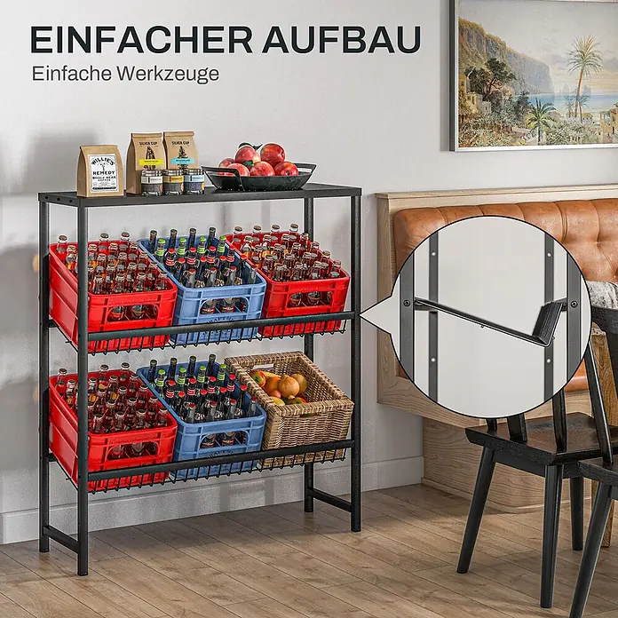 Homcom Getränkekistenregal - H x B x T: 113,5 x 33 x 33 cm, Traglast pro Boden: 100 kg, Anzahl Böden: 2 Stk., Schrauben, Schwarz - Schwarzes Metallregal mit mehreren Ablagen für Getränkekisten und Körbe, einfache Montage wird gezeigt.