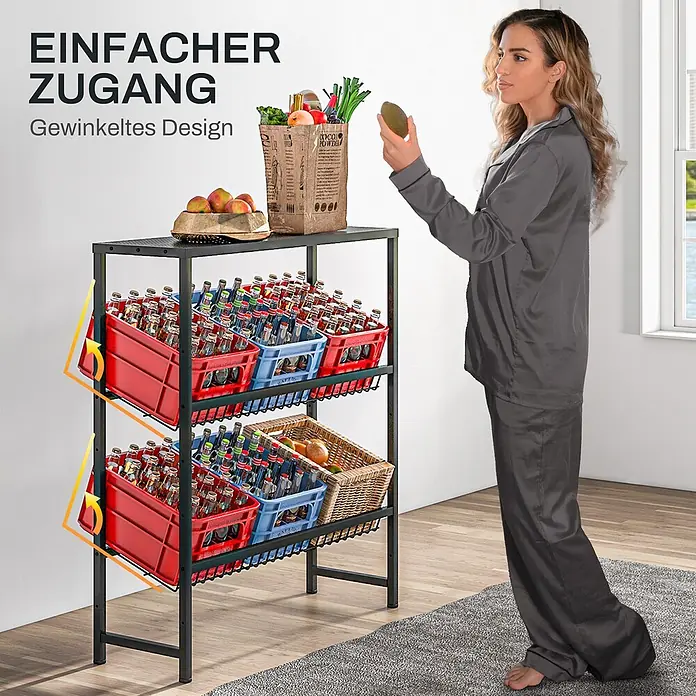 Homcom Getränkekistenregal - H x B x T: 113,5 x 33 x 33 cm, Traglast pro Boden: 100 kg, Anzahl Böden: 2 Stk., Schrauben, Schwarz - Schwarzes Metallregal mit abgewinkeltem Design für einfachen Zugriff, ideal zur Aufbewahrung von Kisten und Flaschen.