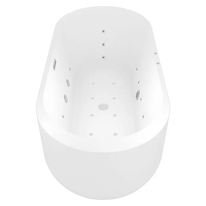 AcquaVapore Freistehende Badewanne Fertigdusche F26-170 - Acryl, Weiß - Weiße, ovale Whirlpool-Badewanne mit mehreren Luft- und Wasserdüsen an den Innenwänden und am Boden.