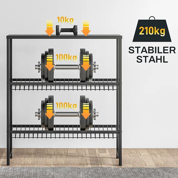Homcom Getränkekistenregal - H x B x T: 113,5 x 33 x 33 cm, Traglast pro Boden: 100 kg, Anzahl Böden: 2 Stk., Schrauben, Schwarz - Schwarzes dreistöckiges Hantelregal, das verschiedene Gewichte (10kg, 100kg, 100kg) trägt und seine 210kg stabile Stahlkapazität demonstriert.