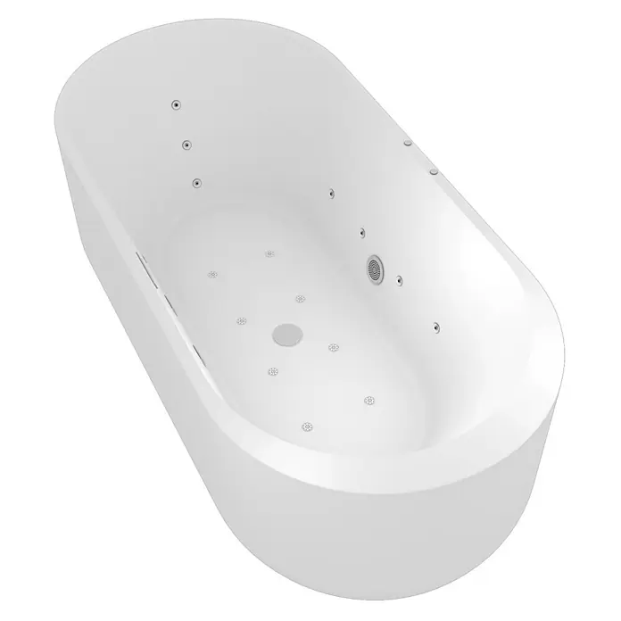 AcquaVapore Freistehende Badewanne Fertigdusche F26-170 - Acryl, Weiß - Weiße freistehende ovale Hydromassage-Badewanne mit mehreren Düsen und zentralem Abfluss.
