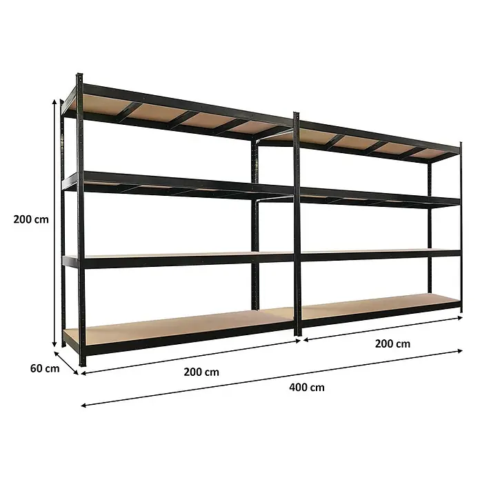 Proregal Schwerlastregal Mega Deal 2x HERCULES - H x B x T: 200 x 200 x 60 cm, Traglast pro Boden: 500 kg, Anzahl Böden: 4 Stk., Stecken, Schwarz - Großes schwarzes Metallregal mit acht hellen Holzablagen, 400 cm breit, 200 cm hoch, 60 cm tief, für robuste Lagerung.