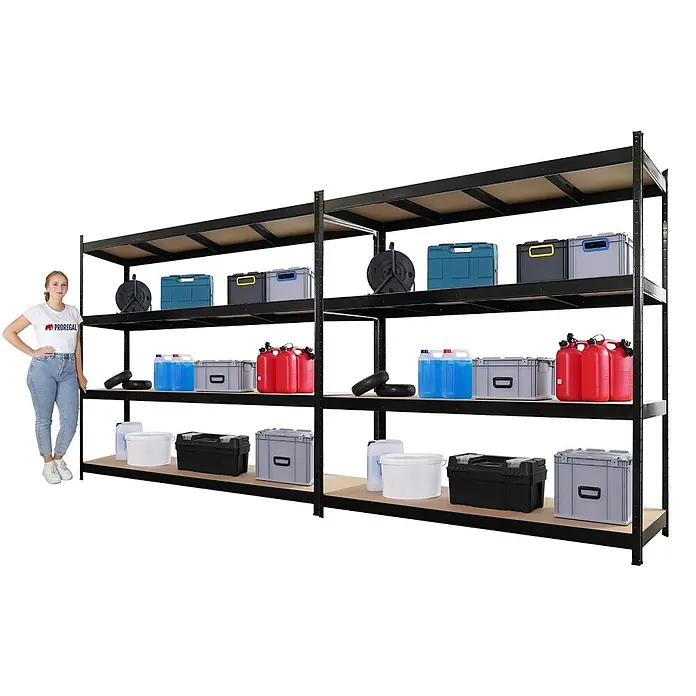 Proregal Schwerlastregal Mega Deal 2x HERCULES - H x B x T: 200 x 200 x 60 cm, Traglast pro Boden: 500 kg, Anzahl Böden: 4 Stk., Stecken, Schwarz - Robustes schwarzes Metallregal mit Holzablagen, gefüllt mit Lagerartikeln, eine Person dient als Größenvergleich.