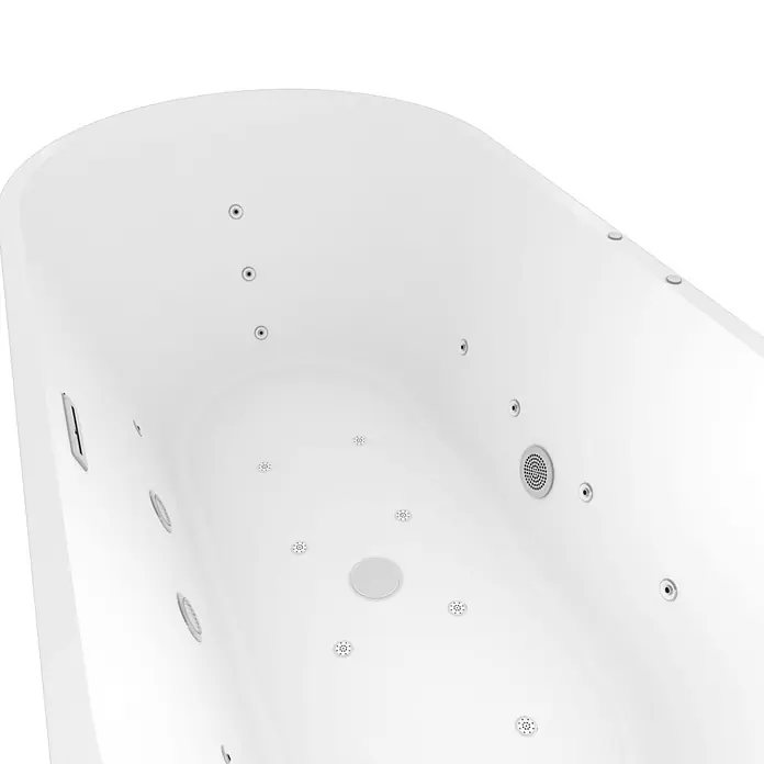 AcquaVapore Freistehende Badewanne Fertigdusche F26-170 - Acryl, Weiß - Weißer Badewannen-Innenraum mit zahlreichen Hydromassage-Düsen und einem zentralen Abfluss, der die Whirlpool-Funktion zeigt.