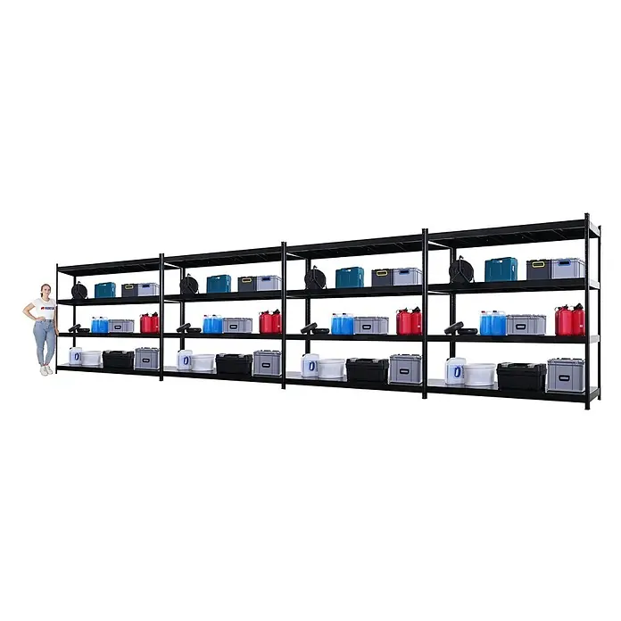 Proregal Schwerlastregal Mega Deal 4x HERCULES - H x B x T: 200 x 200 x 60 cm, Traglast pro Boden: 400 kg, Anzahl Böden: 4 Stk., Stecken, Schwarz - Langes schwarzes Metallregal für die Lagerung, gefüllt mit verschiedenen Gegenständen. Eine Person steht daneben zur Größenangabe.