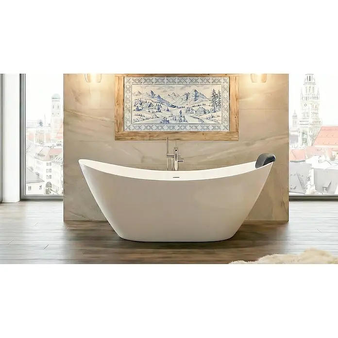 Bad Land Freistehende Badewanne IVAR freist. Badewanne 180x80 cm Weiß, Ablauf + Kopfst. - Acryl, weiß - Elegante freistehende weiße Badewanne in einem modernen Badezimmer mit Stadtblick, ihr zeitgemäßes Design hervorhebend.