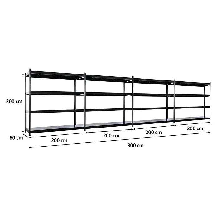 Proregal Schwerlastregal Mega Deal 4x HERCULES - H x B x T: 200 x 200 x 60 cm, Traglast pro Boden: 400 kg, Anzahl Böden: 4 Stk., Stecken, Schwarz - Schwarzes Metallregal mit 4 Böden. Maße: 200cm H x 60cm T x 800cm B.