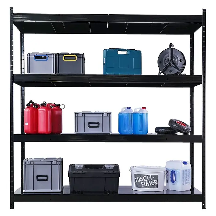 Proregal Schwerlastregal Mega Deal 4x HERCULES - H x B x T: 200 x 200 x 60 cm, Traglast pro Boden: 400 kg, Anzahl Böden: 4 Stk., Stecken, Schwarz - Schwarzes Schwerlastregal mit vier Böden, gefüllt mit verschiedenen Aufbewahrungsgegenständen und Werkzeugen zur Organisation.