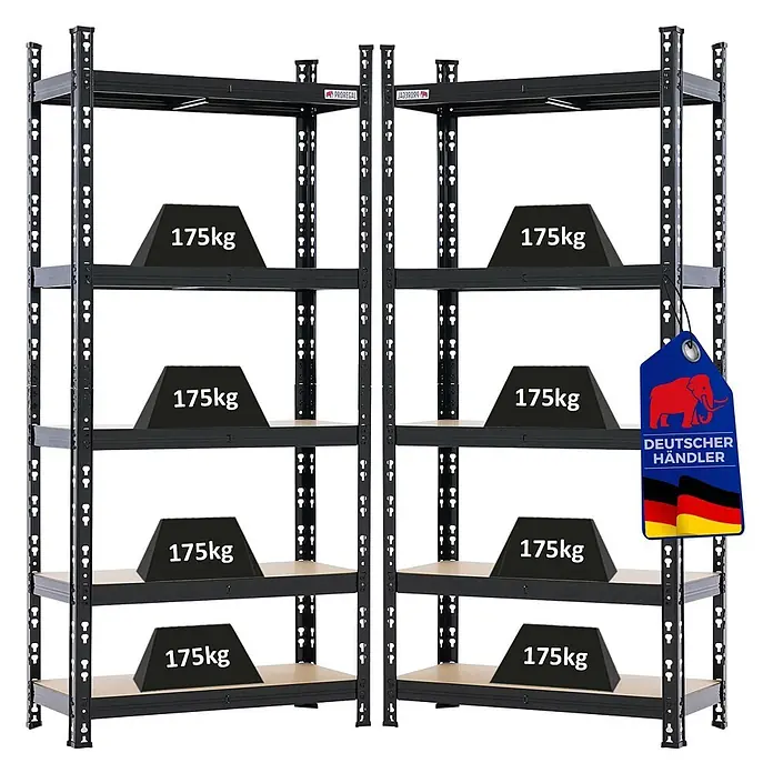 Proregal Schwerlastregal Mega Deal 2x HERMES - H x B x T: 150 x 70 x 60 cm, Traglast pro Boden: 175 kg, Anzahl Böden: 5 Stk., Stecken, Schwarz - Zwei schwarze PROREGAL Metallregale mit je 5 Holzablagen, die jeweils 175kg tragen.