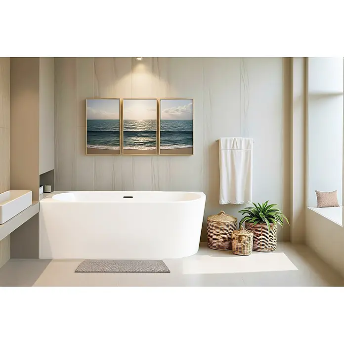 Bad Land Freistehende Badewanne ALVA freist. Badewanne 170x80 cm links Weiß, Ablauf - Acryl, weiß - Weiße freistehende Badewanne in einem modernen Badezimmer mit geräumigem, minimalistischem Design.