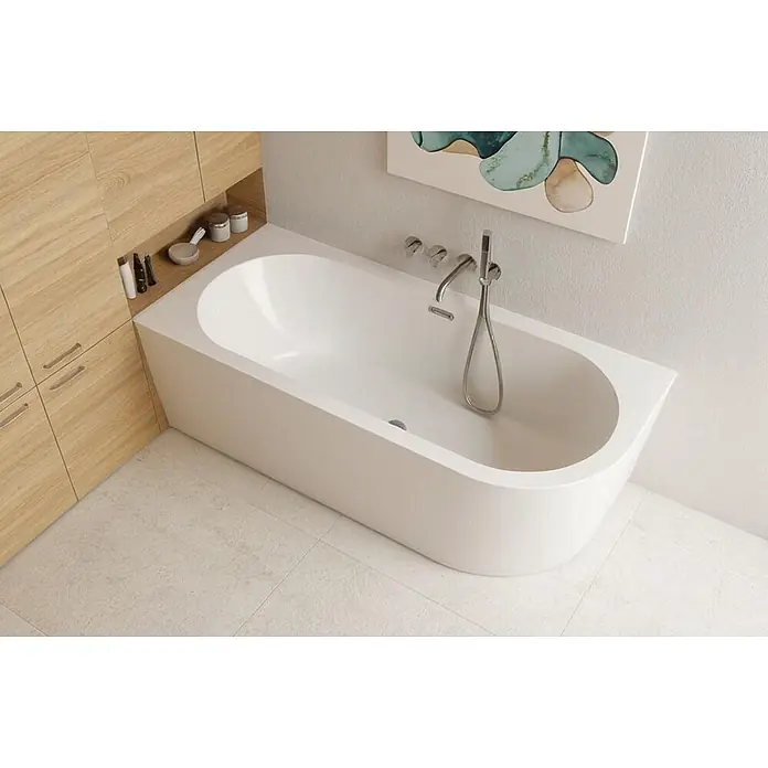 Bad Land Freistehende Badewanne ALVA freist. Badewanne 170x80 cm links Weiß, Ablauf - Acryl, weiß - Moderne weiße Badewanne mit schlankem Design, Wandarmaturen und integriertem Stauraum auf der linken Seite.