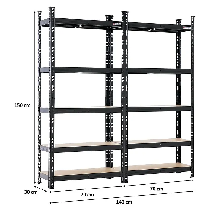 Proregal Schwerlastregal Mega Deal 2x HERMES - H x B x T: 150 x 70 x 60 cm, Traglast pro Boden: 175 kg, Anzahl Böden: 5 Stk., Stecken, Schwarz - Schwarzes Schwerlast-Metallregal mit 5 Holzablagen, 150x140x30 cm.