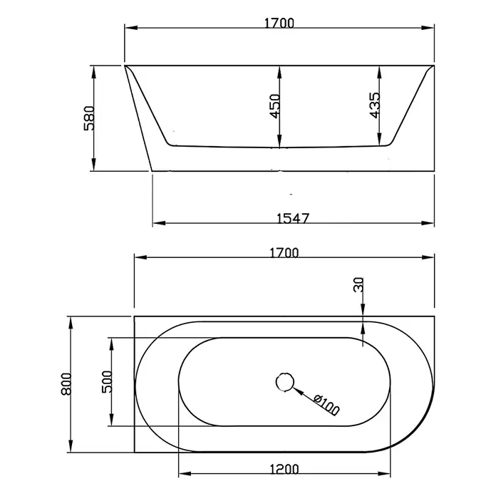 Bad Land Freistehende Badewanne ALVA freist. Badewanne 170x80 cm links Weiß, Ablauf - Acryl, weiß - Technische Zeichnung einer weißen Badewanne mit detaillierten Maßen in Seiten- und Draufsicht.