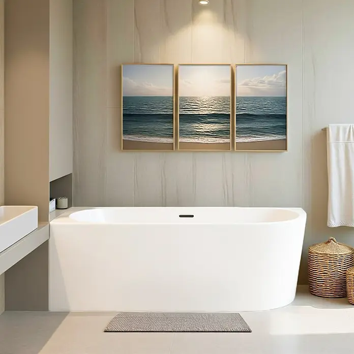Bad Land Freistehende Badewanne ALVA freist. Badewanne 170x80 cm links Weiß, Ablauf - Acryl, weiß - Schlanke weiße freistehende Badewanne mit modernem Design und schwarzem Überlauf in einem modernen Badezimmer.
