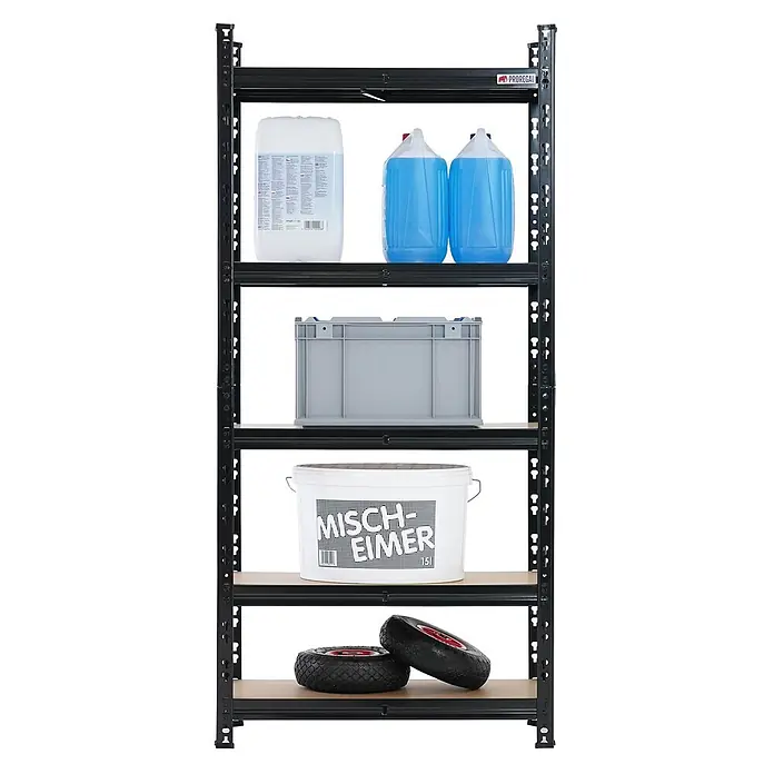 Proregal Schwerlastregal Mega Deal 2x HERMES - H x B x T: 150 x 70 x 60 cm, Traglast pro Boden: 175 kg, Anzahl Böden: 5 Stk., Stecken, Schwarz - Schwarzes Metallregal mit fünf Holzböden, geeignet für schwere Lasten.
