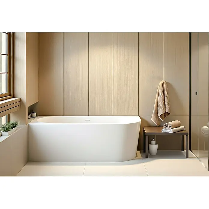 Bad Land Freistehende Badewanne ALVA freist. Badewanne 170x80 cm links Weiß, Ablauf - Acryl, weiß - Eine elegante, weiße freistehende Badewanne in einem modernen Badezimmer mit hellen Holzpaneelen.