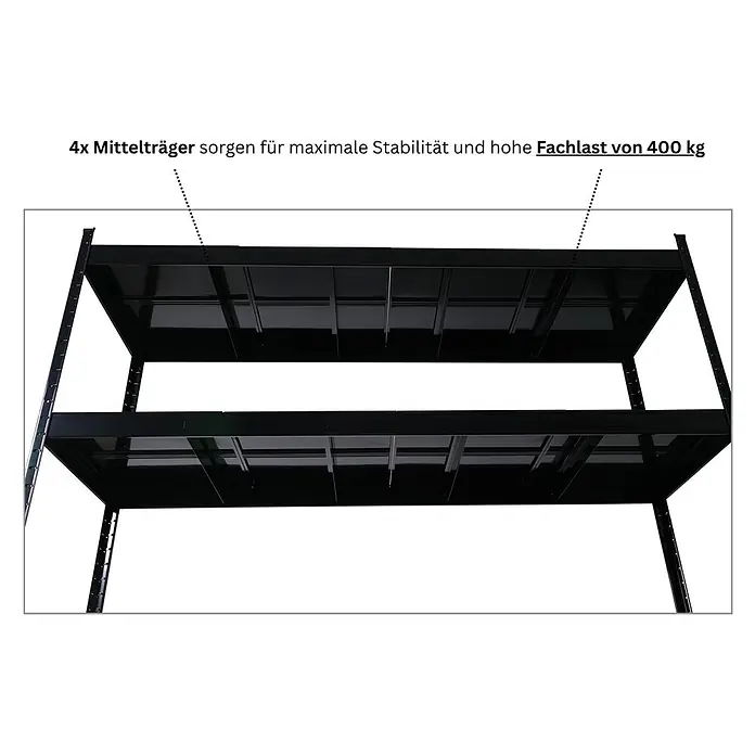 Proregal Schwerlastregal Mega Deal 3x HERCULES - H x B x T: 200 x 200 x 60 cm, Traglast pro Boden: 400 kg, Anzahl Böden: 4 Stk., Stecken, Schwarz - Schwarzes Metallregal mit zwei Fachböden, verstärkt durch Mittelträger für 400 kg Traglast.