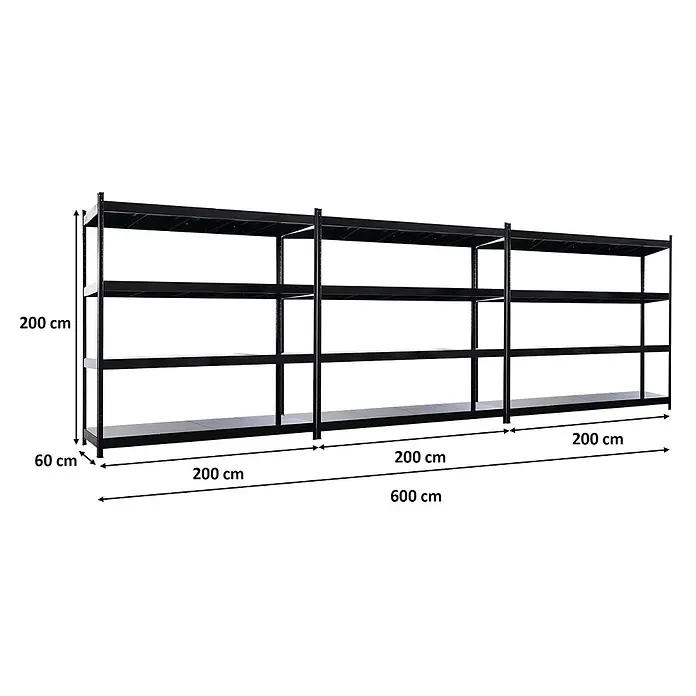 Proregal Schwerlastregal Mega Deal 3x HERCULES - H x B x T: 200 x 200 x 60 cm, Traglast pro Boden: 400 kg, Anzahl Böden: 4 Stk., Stecken, Schwarz - Schwarzes Metallregal mit 3 Abschnitten und 4 Böden, 200 cm hoch, 60 cm tief und 600 cm lang.
