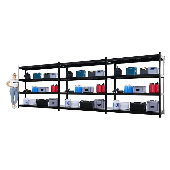 Proregal Schwerlastregal Mega Deal 3x HERCULES - H x B x T: 200 x 200 x 60 cm, Traglast pro Boden: 400 kg, Anzahl Böden: 4 Stk., Stecken, Schwarz - Großes schwarzes Schwerlastregal, gefüllt mit Boxen und Kanistern, mit einer Frau zur Größenanzeige.
