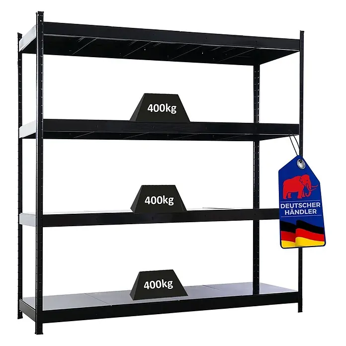 Proregal Schwerlastregal HERCULES - H x B x T: 200 x 200 x 60 cm, Traglast pro Boden: 400 kg, Anzahl Böden: 4 Stk., Stecken, Schwarz - Schwarzes 4-etagiges Schwerlastregal aus Metall mit 400 kg Tragkraft pro Boden.