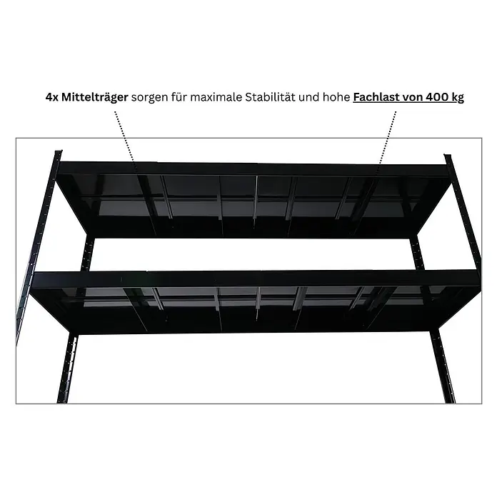 Proregal Schwerlastregal HERCULES - H x B x T: 200 x 200 x 60 cm, Traglast pro Boden: 400 kg, Anzahl Böden: 4 Stk., Stecken, Schwarz - Schwarzes Metallregal mit zwei Fachböden, verstärkt durch Mittelträger für 400 kg Fachlast.