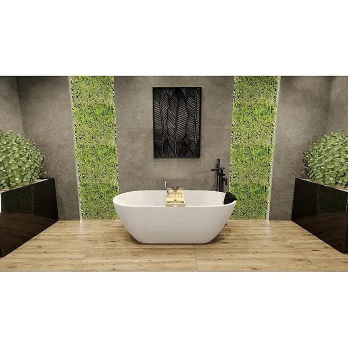 Bad Land Freistehende Badewanne ASGER freist. Badewanne 170x75 cm Weiß, Ablauf + Bambusablage - L x B: 170 x 75 cm, Acryl, weiß - Weiße freistehende Badewanne in einem modernen Badezimmer mit einem hölzernen Badewannen-Caddy mit Tablet und Weinglas.