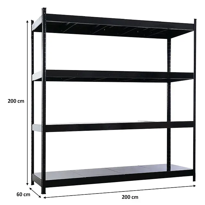 Proregal Schwerlastregal HERCULES - H x B x T: 200 x 200 x 60 cm, Traglast pro Boden: 400 kg, Anzahl Böden: 4 Stk., Stecken, Schwarz - Schwarzes Metallregal mit 4 Böden, 200 cm hoch, 200 cm breit und 60 cm tief.