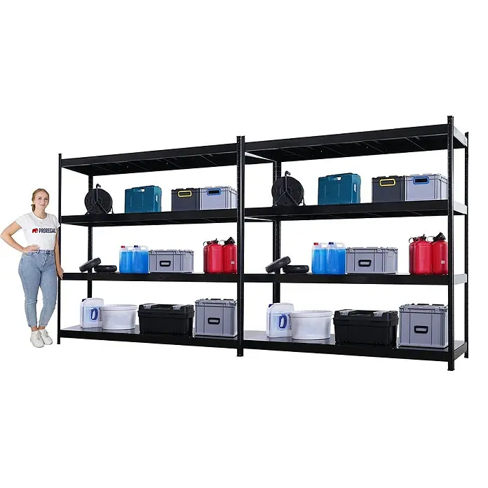 Proregal Schwerlastregal Mega Deal 2x HERCULES - H x B x T: 200 x 200 x 60 cm, Traglast pro Boden: 400 kg, Anzahl Böden: 4 Stk., Stecken, Schwarz - Schwarzes 4-etagiges Schwerlastregal mit gelagerten Gegenständen. Eine Frau steht daneben zum Größenvergleich.