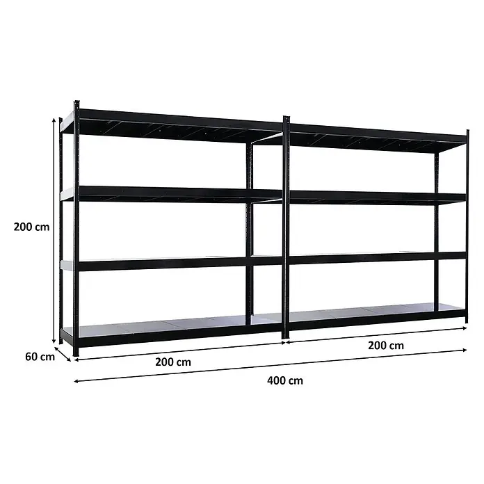 Proregal Schwerlastregal Mega Deal 2x HERCULES - H x B x T: 200 x 200 x 60 cm, Traglast pro Boden: 400 kg, Anzahl Böden: 4 Stk., Stecken, Schwarz - Schwarzes Schwerlastregal aus Metall mit 4 Böden zur Lagerung, 400x60x200 cm.