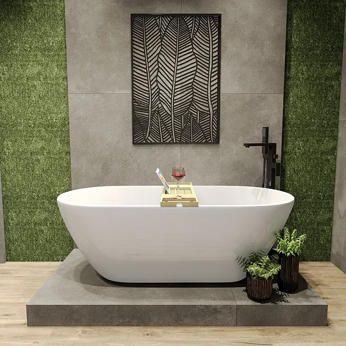 Bad Land Freistehende Badewanne ASGER freist. Badewanne 170x75 cm Weiß, Ablauf + Bambusablage - L x B: 170 x 75 cm, Acryl, weiß - Weiße freistehende Badewanne mit einem hölzernen Badewannenbrett, das ein Tablet und ein Glas Wein hält.