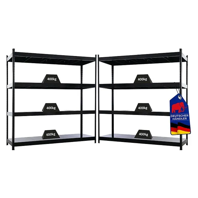 Proregal Schwerlastregal Mega Deal 2x HERCULES - H x B x T: 200 x 200 x 60 cm, Traglast pro Boden: 400 kg, Anzahl Böden: 4 Stk., Stecken, Schwarz - Zwei schwarze Metallregale mit mehreren Böden, jeder Boden für 400kg ausgelegt.