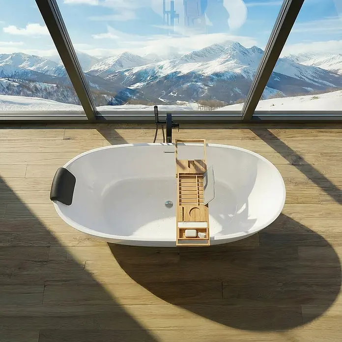 Bad Land Freistehende Badewanne ASGER freist. Badewanne 170x75 cm Weiß, Ablauf + Bambusablage + Kopfst. - L x B: 170 x 75 cm, Acryl, weiß - Weiße ovale freistehende Badewanne mit schwarzem Kopfteil und hellem Holzbadebrett für ein luxuriöses Badeerlebnis mit Bergblick.