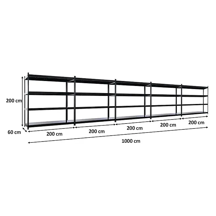 Proregal Schwerlastregal Mega Deal 5x HERCULES - H x B x T: 200 x 200 x 60 cm, Traglast pro Boden: 400 kg, Anzahl Böden: 4 Stk., Stecken, Schwarz - Schwarzes modulares Metallregal, 200x60x1000 cm (HxTxL), mit 5 Segmenten zur Lagerung.