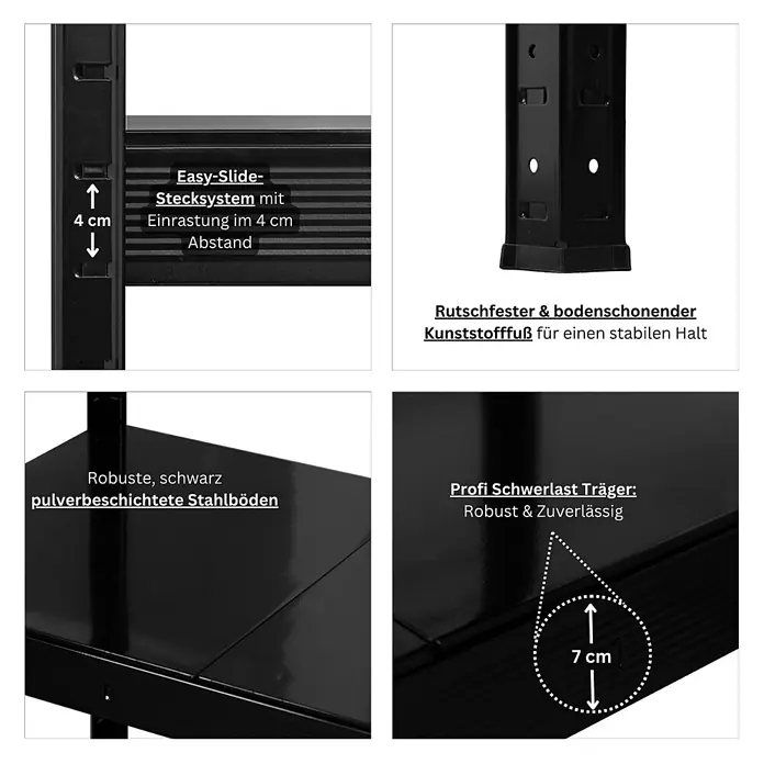Proregal Schwerlastregal Mega Deal 5x HERCULES - H x B x T: 200 x 200 x 60 cm, Traglast pro Boden: 400 kg, Anzahl Böden: 4 Stk., Stecken, Schwarz - Schwarzes, pulverbeschichtetes Schwerlastregal aus Stahl mit 4 cm verstellbaren Böden und rutschfesten Füßen.