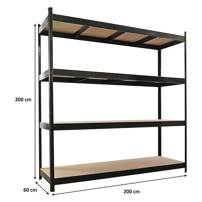 Proregal Schwerlastregal HERCULES - H x B x T: 200 x 200 x 60 cm, Traglast pro Boden: 500 kg, Anzahl Böden: 4 Stk., Stecken, Schwarz - Schwarzes Metallregal mit vier Holzablagen, ideal für schwere Lagerung.