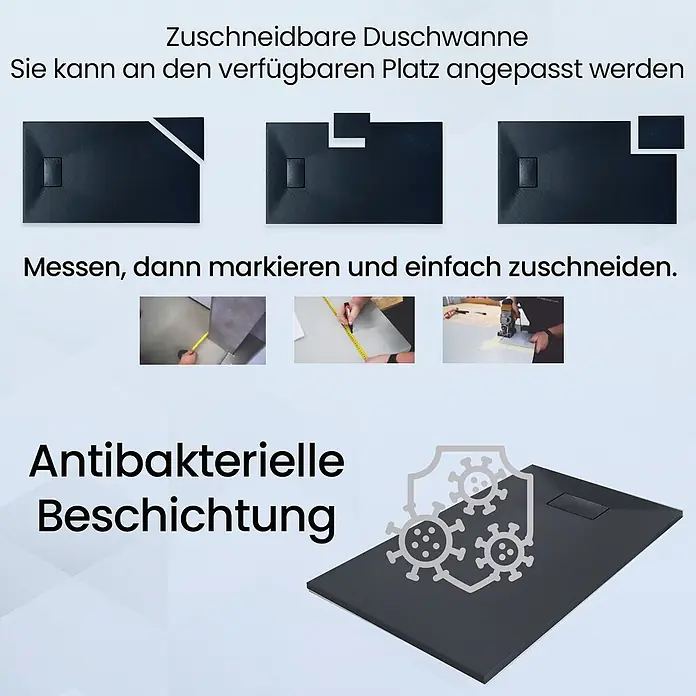 Bad Land Duschwannen-Set HELA+VIDAR Duschset 80x80 cm quadratisch Schwarz, mit Duschwanne - Kunststoff, Schwarz - Dunkelgraue, zuschneidbare Duschwanne mit antibakterieller Beschichtung.